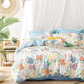 ALEISSEL Blue Floral Cotton Comforter King Size - Vibrant Artistic Blooms & Boho Geometric Patterns, White & Soft Blue, 3PC Lightweight Bedding Sets with Down Alternative Fill(104"×90")