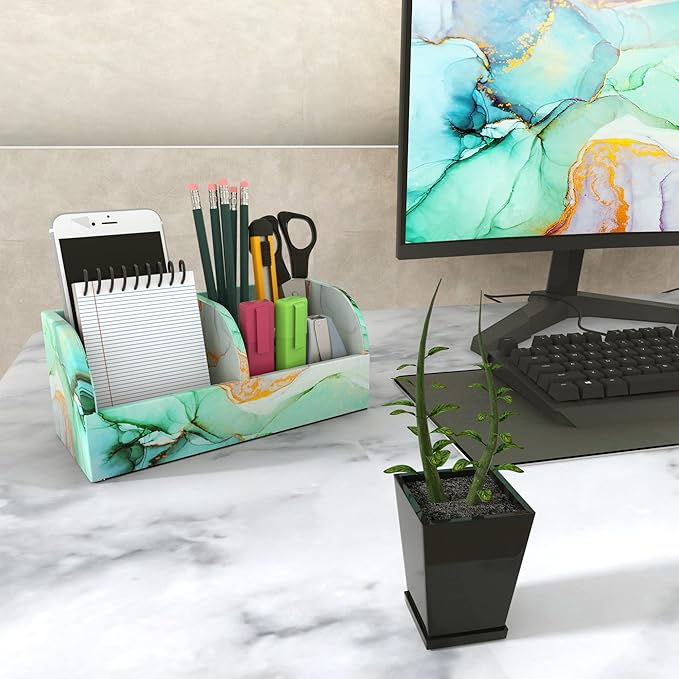 QIELIZI PU Leather Supply Organizer,Remote Control Holder Multifunctional Office Stationery Storage Box Organizer,Pencil Holders Organizers Table Top Desktop Desk Accessories(1-Splash Ink)