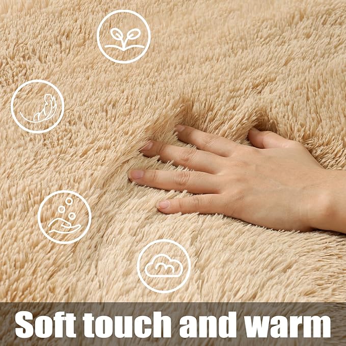 KING DARE Beige Rug for Bedroom 4x6, Fluffy Shaggy Washable Floor Area Rug, Fuzzy Furry Non-Slip Soft Plush Carpet for Living Room Playroom Kids Room Modern Aesthetic Decor