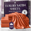 SLEEP SANCTUARY Satin Sheets King Size – 4 Piece Luxury Silky Bed Set, Softer Than Silk, 15" Deep Pocket, Cooling & Wrinkle-Free, Moisture-Wicking & Breathable for Hair & Skin (Burnt Orange)