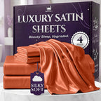 SLEEP SANCTUARY Satin Sheets King Size – 4 Piece Luxury Silky Bed Set, Softer Than Silk, 15" Deep Pocket, Cooling & Wrinkle-Free, Moisture-Wicking & Breathable for Hair & Skin (Burnt Orange)