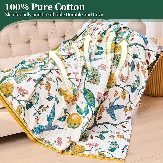 Boho Throw Blanket for Bed - 100% Cotton Ultra Soft Luxury Throw Rustic Fall Quilt,Bird Printed Farmhouse Decor Bed Blankets,Throw for Living Room Sofa Couch Chair(Flower-Bird, 87" x 102")