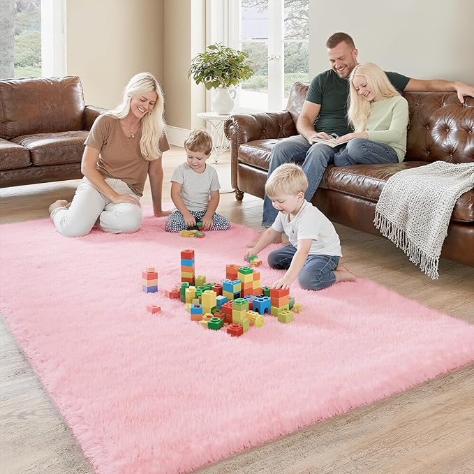 Shag Pink Rug, Rugs for Bedroom Girls Kids Room, 4x6 Ultra Soft Fluffy Area Rugs for Drom, Kids Room, Nursery, Study, Playroom, Easy Clean, Indoor Carpet for Living Room, Modern Carpet Décor