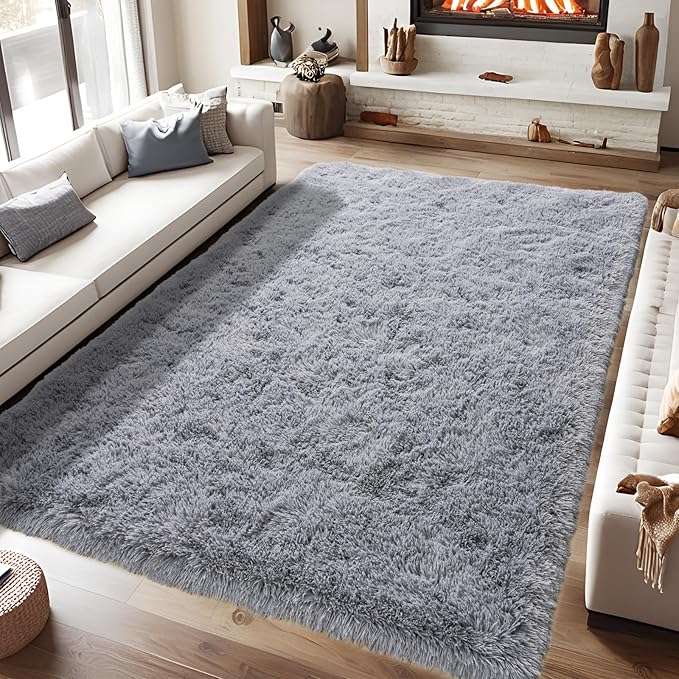KING DARE Grey Fluffy Area Rug 8x10, Ultra Soft Large Shag Living Room Rug Fuzzy Carpet, Non-Slip Plush Modern Floor Rug for Kids Boys Girls Room Bedroom Home Decor Aesthetic