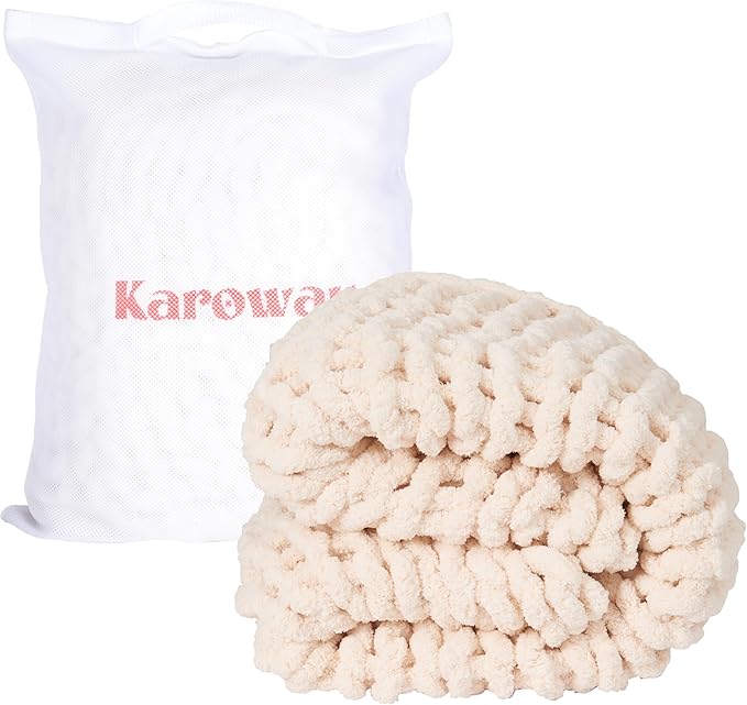 Chunky Knit Soft Throw Blanket - Cream - Chunky Chenille Cable Knitted Fluffy & Warm Chunky Throw Blanket with Woven Bag for Boho Home Decor, Handmade Large Knit Blanket for Bed & Couch 50" x 60"