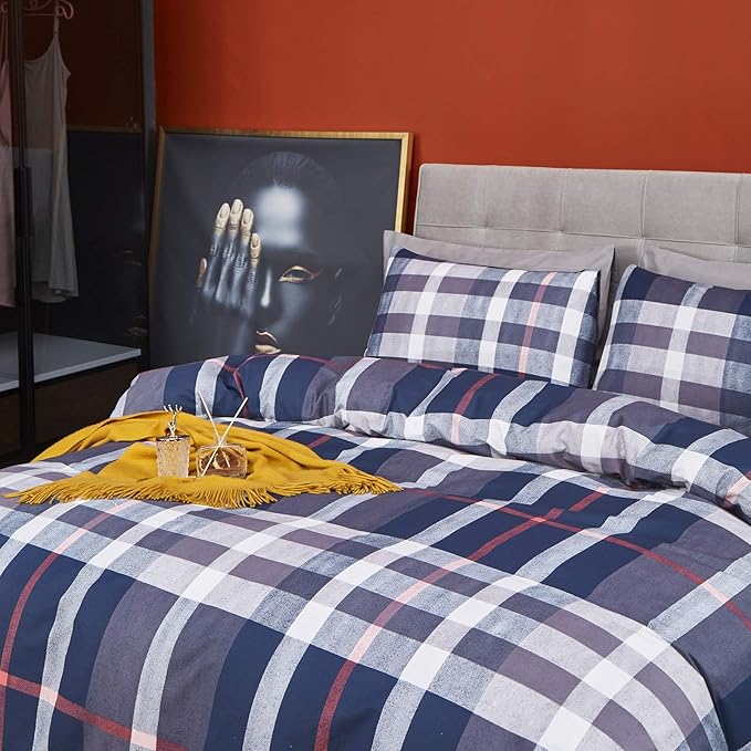 Luxlovery Navy Plaid Comforter Set Queen Navy Blue Buffalo Bedding Set Full Grid Checkered Blanket Quilts Soft Breathable Tartan Dark Blue Comforter Set with 2 Pillowcases