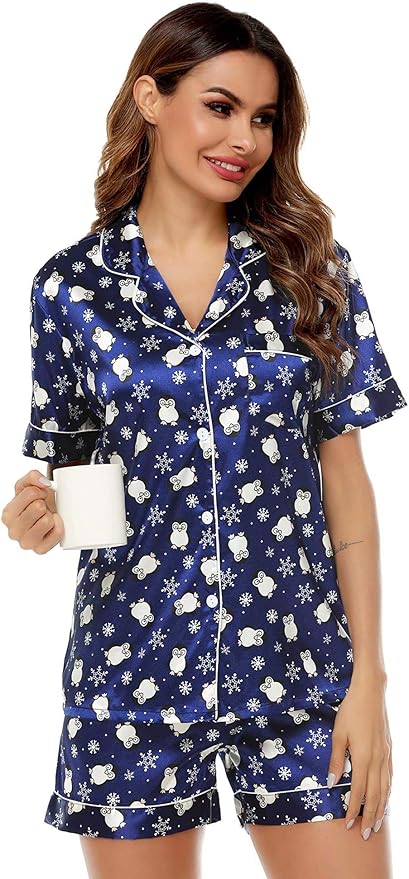 SWOMOG Womens Silk Satin Pajamas Set Short Sleeve Sleepwear Button Down Top and Shorts Loungewear 2 Piece Pjs Set XS-3XL