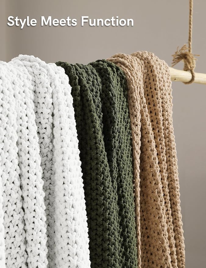YnM Chunky Cotton Knit Throw Blanket, Cable Knit Throws for Bed Couch Sofa, Comfy & Relaxing, Decorative Piece for Farmhouse Modern Boho Rustic Scandinavian Chic Vibe, White 60x80 Inches