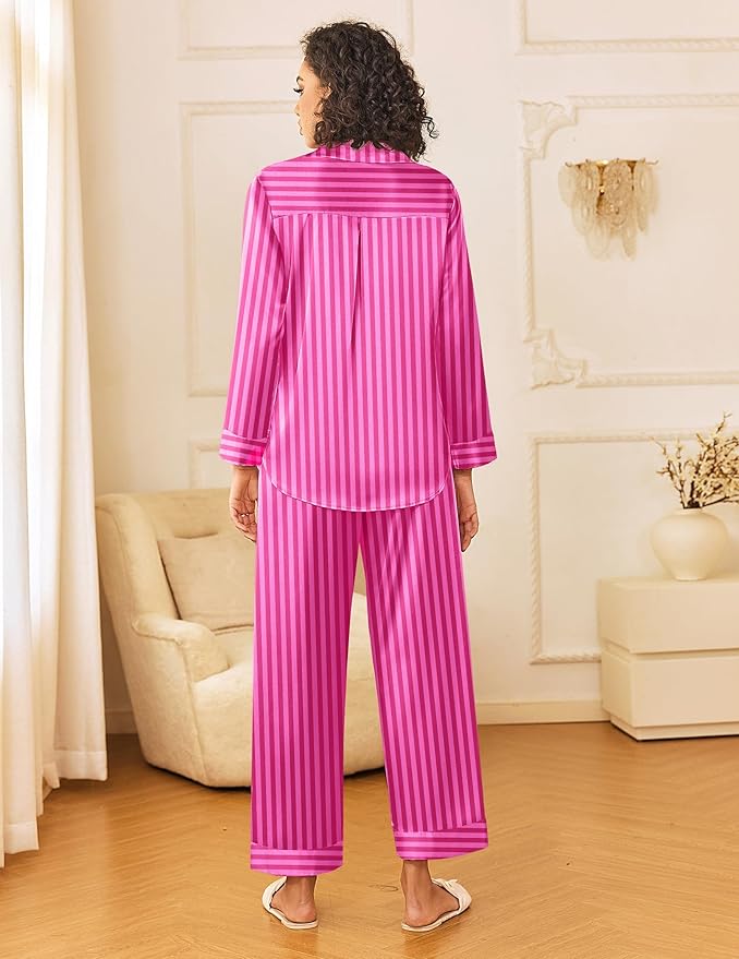 Ekouaer Womens Silk Satin Pajama Sets 2 Piece Sleepwear Pjs Set Long Sleeve Button Down Top and Pants Stripe Loungewear S-XXL