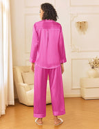 Ekouaer Womens Silk Satin Pajama Sets 2 Piece Sleepwear Pjs Set Long Sleeve Button Down Top and Pants Stripe Loungewear S-XXL