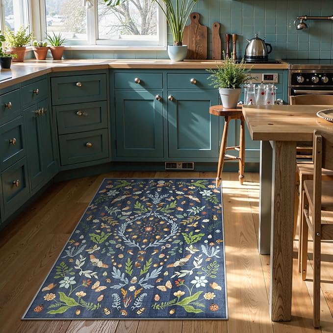 Lahome Chloe Insect Botanical 3x5 Washable Kitchen Rugs for Entryway, Soft Blue Bedroom Rug, Boho Floral Non Slip Indoor Throw Carpet for Bathroom Laundry Living Room(Dark Blue,3x5)