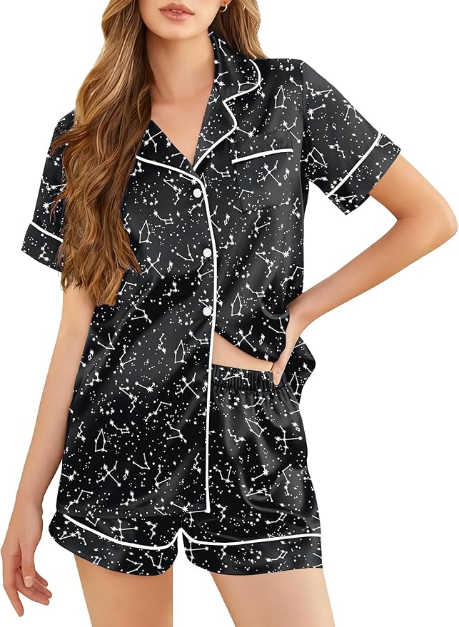 Silk Pajamas for Women Short Sleeve Sleepwear Soft Button Down Loungewear 2 Piece Satin Pjs Shorts Set S-XXL