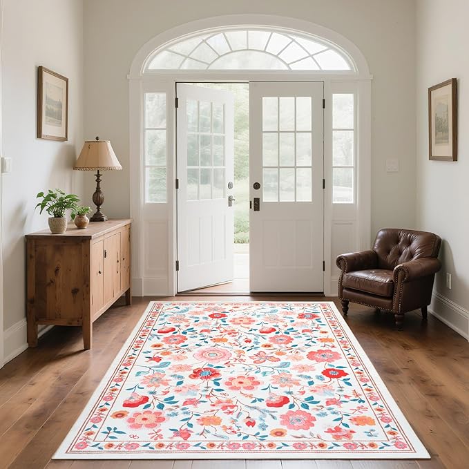 CRYPTOLITE Floral Area Rug 5x8 Rugs, Machine Washable Rug Non-Slip Low Pile Rug for Living Room, Bedroom, Farmhouse, Dining Room, Beige