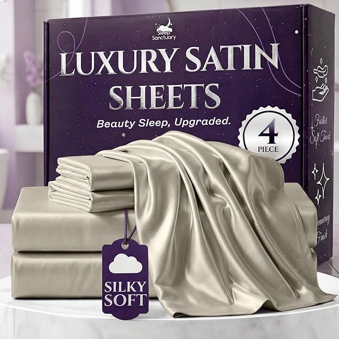 SLEEP SANCTUARY Satin Sheets King Size – 4 Piece Luxury Silky Bed Set, Softer Than Silk, 15" Deep Pocket, Cooling & Wrinkle-Free, Moisture-Wicking & Breathable for Hair & Skin (Taupe)
