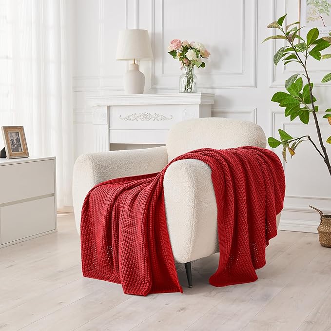 Douceur Christmas Red Throw Blanket for Bed, Soft Chunky Cable Knit Throw Blanket, Classic Fisherman's Rib Stitch Pattern Throw for Living Room,50"X60"