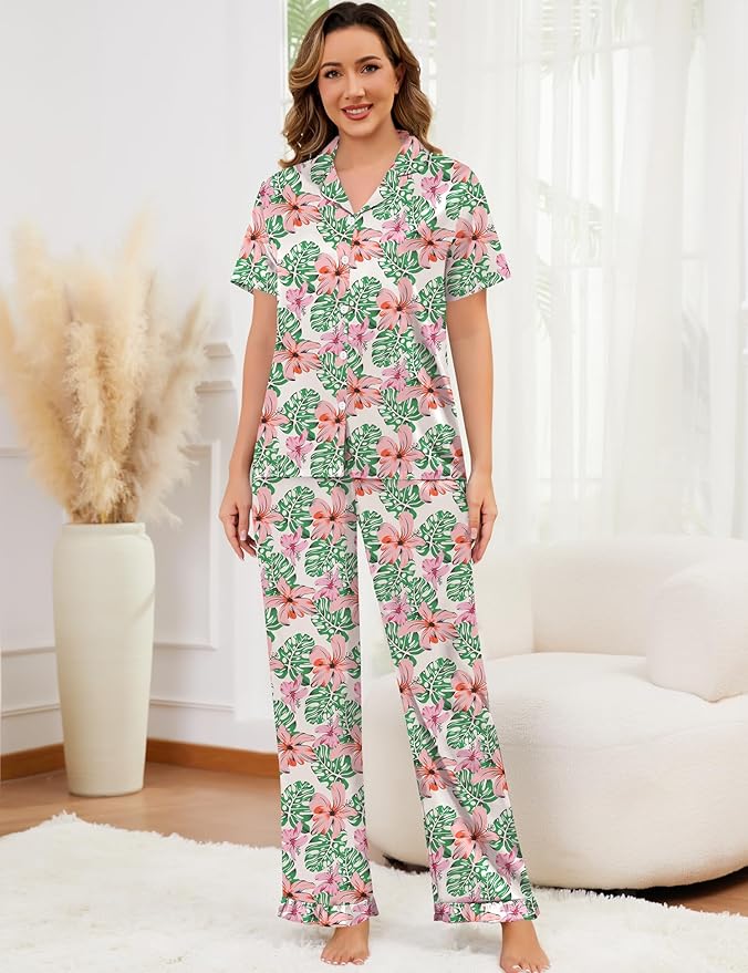 SWOMOG Women Satin Pajamas Set Short Sleeve Top & Pants Sleepwear Silky Button Down Nightwear 2pcs Loungewear Pjs Set