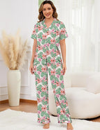 SWOMOG Women Satin Pajamas Set Short Sleeve Top & Pants Sleepwear Silky Button Down Nightwear 2pcs Loungewear Pjs Set