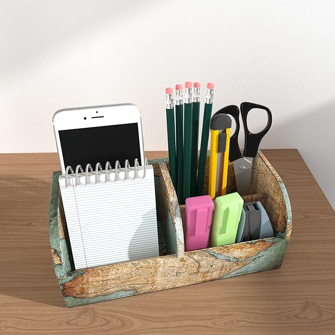 QIELIZI PU Leather Supply Organizer,Remote Control Holder Multifunctional Office Stationery Storage Box Organizer,Pencil Holders Organizers Table Top Desktop Desk Accessories(1-Vintage Map)
