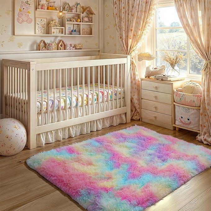 Blivonta Rainbow Rug for Girls Bedroom, 2x3 Fluffy Area for Kids Playroom, Furry Carpet for Nursery, Shaggy for Teen Living Room, Thick Fuzzy Plush for Dorm, Cute Room Decor for Baby