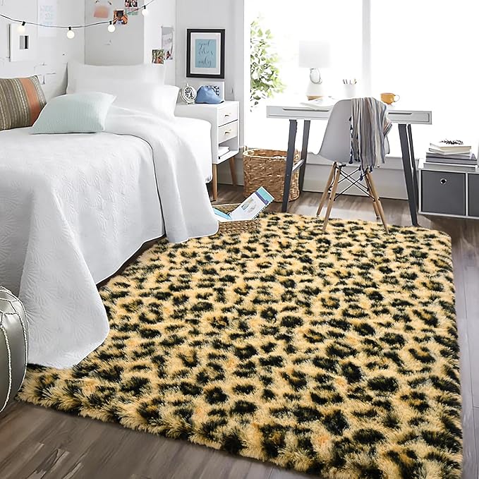 HOMORE Premium Leopard Fluffy Rugs, Leopard Print Rug for Living Room Bedroom,Soft Cheetah Print Rug for Kids Children Room, Faux Animal Printed Carpet for Western Decor,4x6 Feet Black and Khaki