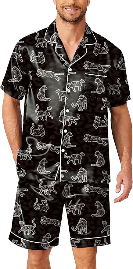 Ekouaer Mens Pajamas Set Silk Satin Sleepwear Short Sleeve Button Down Pjs Set 2 Piece Loungewear with Pockets S-XXL