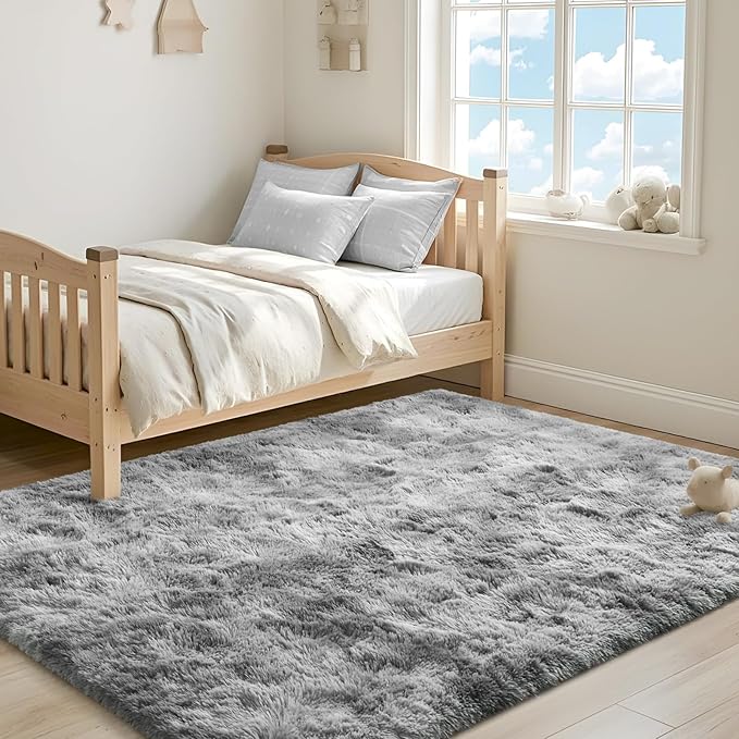 ISEAU Super Soft Rugs for Bedroom Shaggy Area Rug, 3x5 Feet Tie-Dye Shaggy Carpet Mats for Dorm, College, Apartment, Living Room, Non-Slip Abstract Fuzzy Rugs for Girls Boys Kids Room, Light Grey