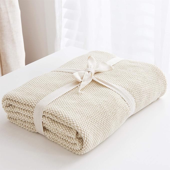 Longhui bedding Cream Cotton Cable Knit Throw Blanket for Couch Sofa Bed, Home Decorative Throw Blanket for Couch, Lightweight Woven Throw Blankets with Bonus Laundering Bag, 3.4 Pounds 60 x 80 Beige