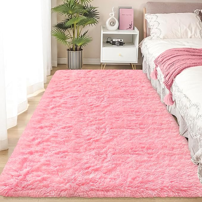 Pink Fluffy Rugs for Bedroom Living Room 4x6 Ft Girls Shaggy Fur Rug Soft Modern Indoor Furry Floor Mat Washable Plush Fuzzy Kids Rug for Nursery Princess Dorm Playroom Decor Carpet