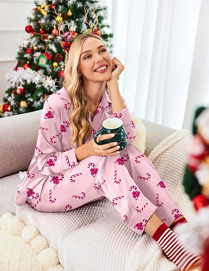 Ekouaer Women Satin Silk Pajamas Classic Long Sleeve Button Down Pjs Set Soft Loungewear