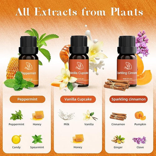 ASAKUKI Essential Oils for Diffusers for Home, Fragrance Oil for Candle Making, Peppermint, Vanilla Cupcake, Sparkling Cinnamon, Spiced Pumpkin, Christmas Wreath and Apple Cinnamon 6 x 10 ml