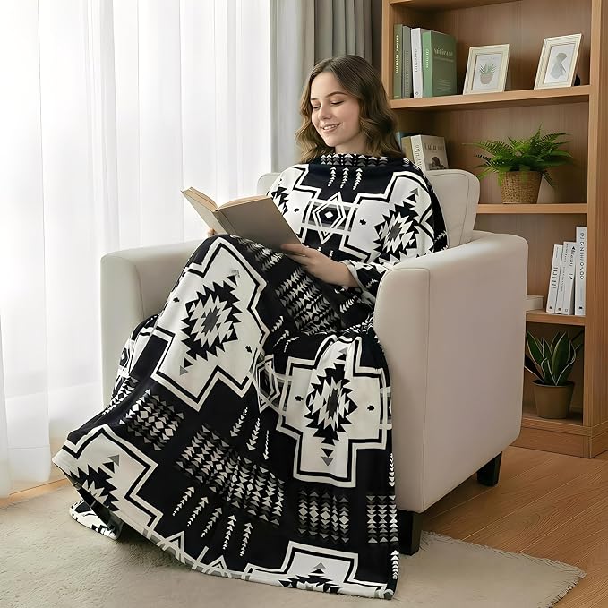 Fleece Blanket Full/Queen - 80x90 Inch Lightweight & Buttery-Soft Throw for Bed, Sofa, Camping | 300GSM Cloud-Touch Microfiber | Cozy Essentials for Travel & Movie Nights, (Boho Black&White)