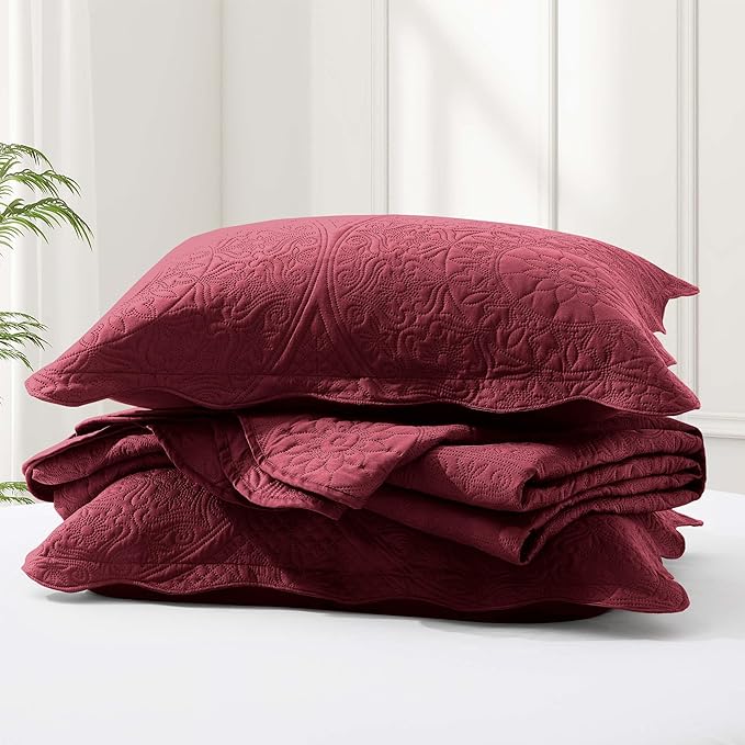 IR Imperial Rooms King Quilt Bedding Set Size (106" x 96") + 2 Pillow Shams (20" x 36"+ 2") - 3 Pcs All Season Lightweight Reversible Microfiber Coverlet Floral Embossed Quilt Bedspread (Burgundy)