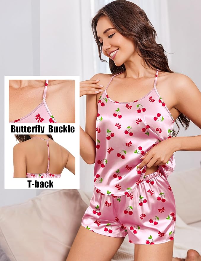 Ekouaer Silk Satin Pajamas Set for Women T-back Lingerie Pjs Cami Top and Shorts Sleepwear Gift for Honeymoon Party