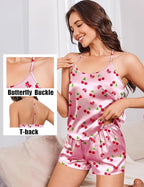 Ekouaer Silk Satin Pajamas Set for Women T-back Lingerie Pjs Cami Top and Shorts Sleepwear Gift for Honeymoon Party