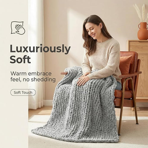 Amélie Home Chunky Knit Throw Blanket for Couch, Soft Chenille Handmade Crochet Throw Rope Knot Blanket for Children, 40"x50", Light Grey