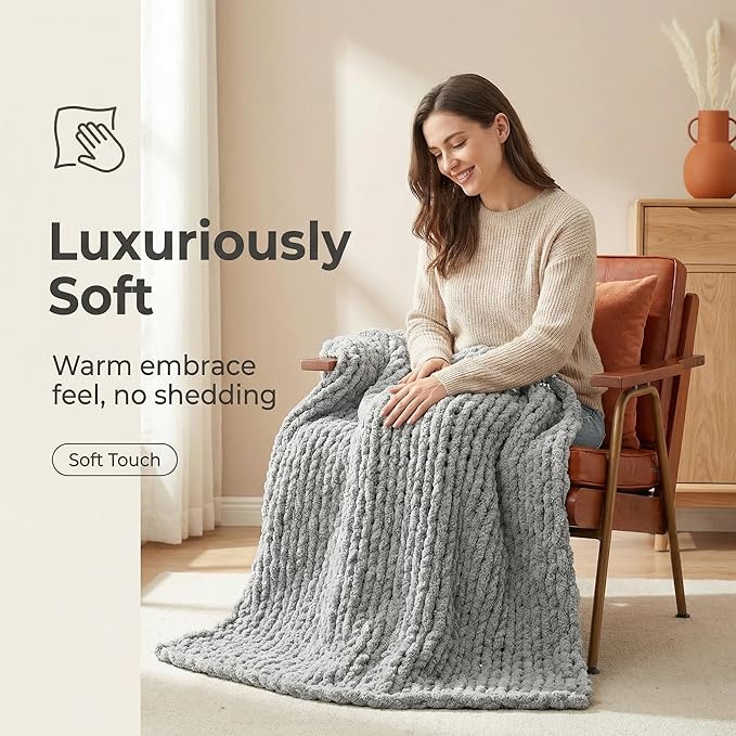 Amélie Home Chunky Knit Throw Blanket for Couch, Soft Chenille Handmade Crochet Throw Rope Knot Blanket for Couch, 50"x60", Light Grey