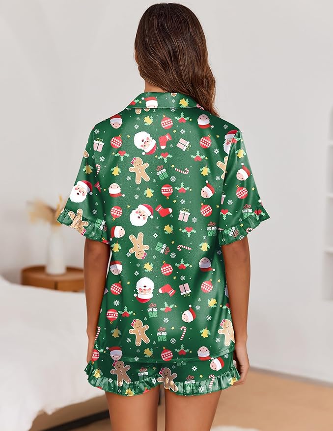 Ekouaer Satin Pajama Set for Women Button Down Silk 2 Piece Pj Sets Ruffle Short Sleeve Sleepwear