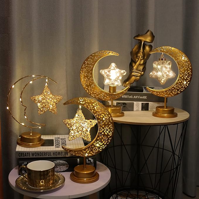 GUOCHENG Enchanted Lunar Lamp Moon Shaped Table Lamps, LED Crescent Night Light Magic Hanging Moon Lamp Decor, Home Bedroom Bedside Desktop Nightstand Decorative Gift(Rattan Star)