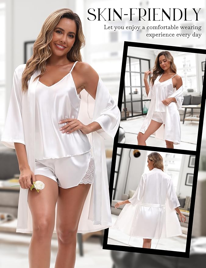 EPLAZA 3 Pcs Silk Pajamas for Women Satin Pajama Set Sexy Lace V-neck Cami Top Shorts Pjs Set with Robe Sleepwear