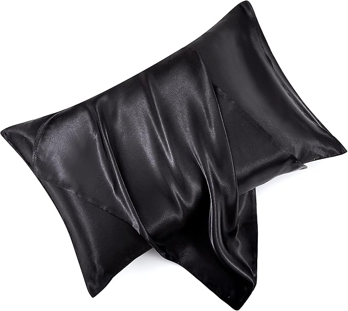 King Size Satin Pillowcase Set of 2 with Envelope Closure,Black Silk Pillowcase for Hair and Skin (20x36)