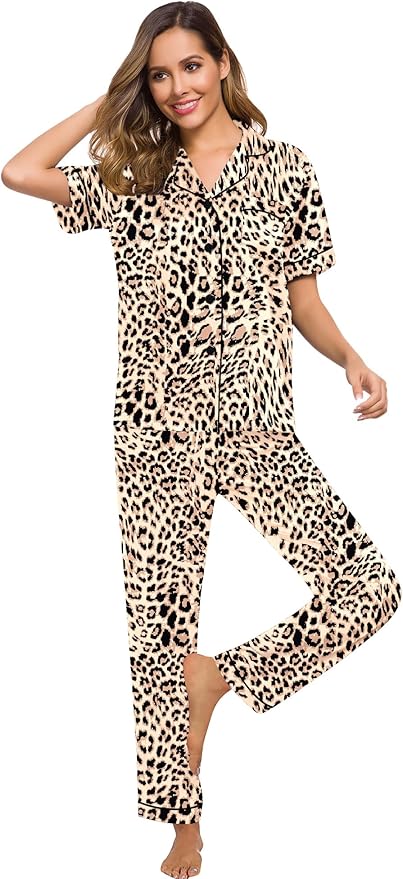 SWOMOG Women Satin Pajamas Set Short Sleeve Top & Pants Sleepwear Silky Button Down Nightwear 2pcs Loungewear Pjs Set