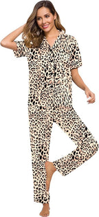 SWOMOG Women Satin Pajamas Set Short Sleeve Top & Pants Sleepwear Silky Button Down Nightwear 2pcs Loungewear Pjs Set