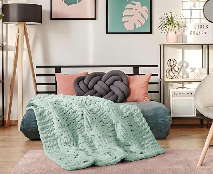 Chunky Knit Blanket Throw - 100% Hand Knitted Chunky Soft Throw Blanket for Couch, Thick and Warm Blanket for Winter, Dark Green, 40x50 Inches