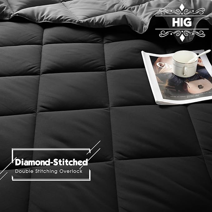 HIG 3pc Black Full Size Comforter Set - All Season Reversible Down Alternative Comforter with Two Shams - Quilted Duvet Insert with Corner Tabs - Box Stitched Blanket - Breathable, Soft, Fluffy
