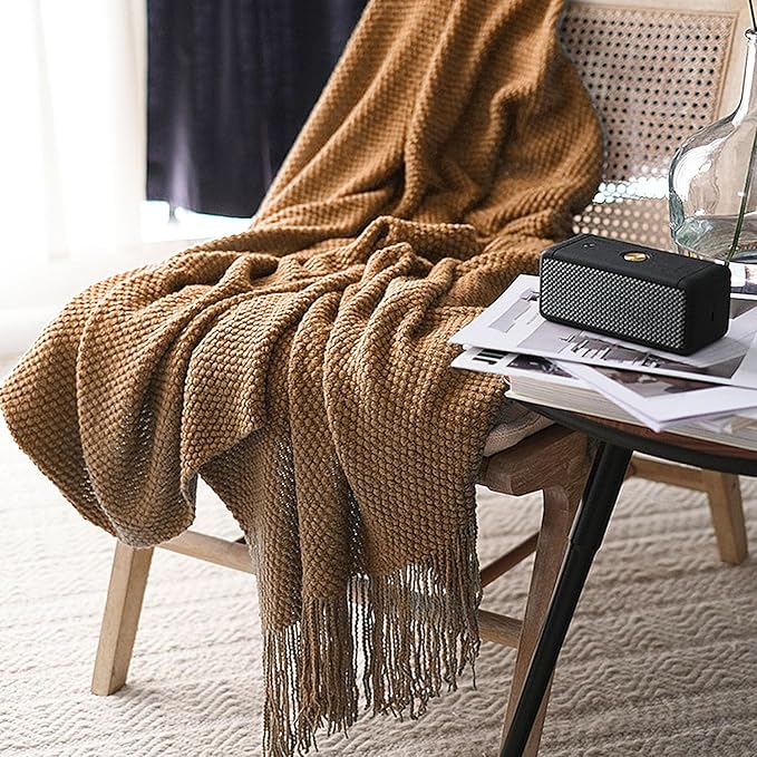 LOMAO Knitted Throw Blanket with Tassels Bubble Textured Lightweight Throws for Couch Cover Home Decor (Khaki, 60x90)