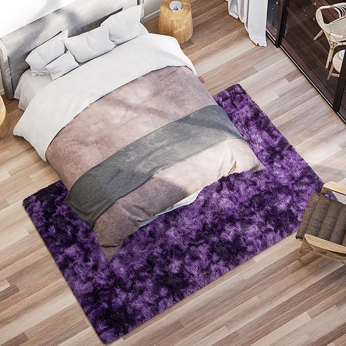 Softlife Dark Purple Area Rug for Living Room, Fluffy Shag Plush 5x8 Rugs for Bedroom Girls Kids, Shaggy Soft Fuzzy Tie Dyed Large Carpet for Dorm Bedside Ultra Cozy Non-Slip Indoor Decor