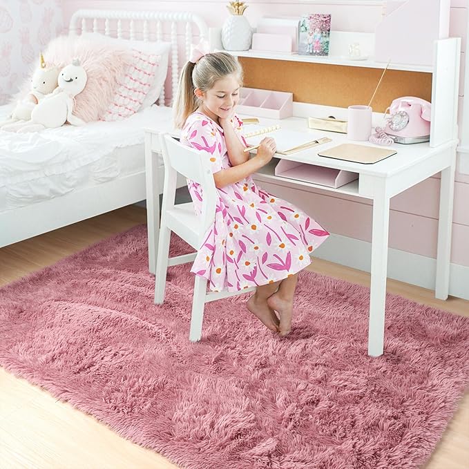 Amdrebio Blush Pink Area Rugs for Girls Bedroom, Furry Fluffy Cute Small Rug 3x5 for Kids Room Playroom, Fuzzy Shaggy Fur Plush Carpet for Nursery Dorm Classroom, Shag Kawaii Dusty Rose Mauve Rugs