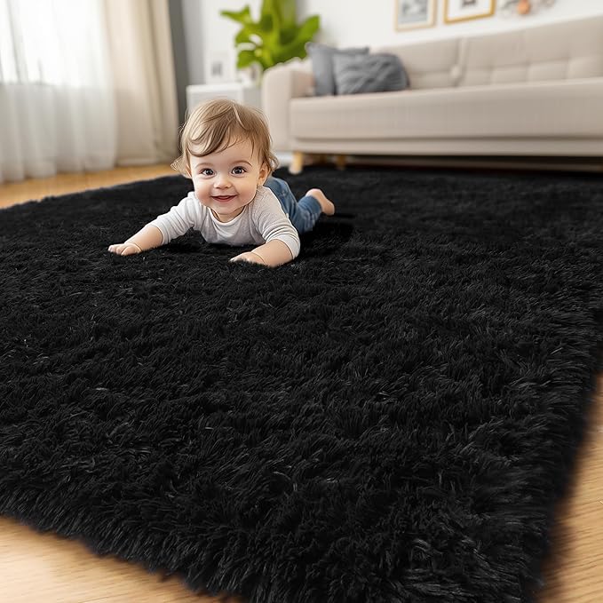 Amdrebio Black Rugs for Bedroom Living Room Decor Aesthetic, Fluffy Shag Furry Area Rugs for Kids, Men, Boys Room, Modern Cool Carpet for Classroom, Apartment, Nursery, Dorm, Office, 4x6 Shaggy Rug