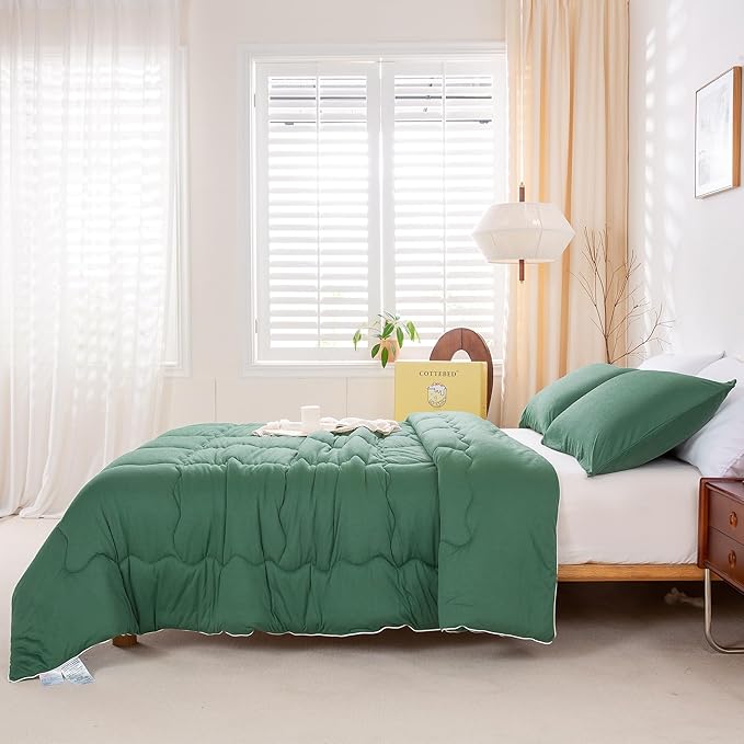 COTTEBED Softness Comforter Set King Size Bed, Jersey Knit Cotton T-Shirt Feel Ultra-Soft Comy Lightweight Bedding Quilt Blanket Pillowsham All Season, California/Cal King Emerald/Hunter/Forest Green
