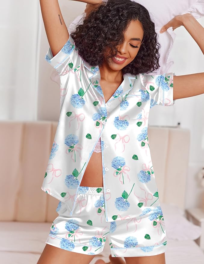 Ekouaer Womens Satin Silk Pajamas Set Short Sleeve Sleepwear Button Down Top and Shorts Loungewear 2 Piece Pjs Set S-XXL